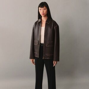 Mango Leather-Effect Jacket w/ Contrast Stitching